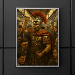 A stoic Roman legionary commuting on a crowded modern subway train poster 5