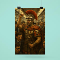 A stoic Roman legionary commuting on a crowded modern subway train poster 6