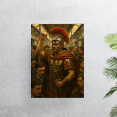 A stoic Roman legionary commuting on a crowded modern subway train poster 7