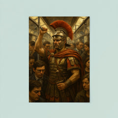 A stoic Roman legionary commuting on a crowded modern subway train poster 8