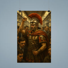 A stoic Roman legionary commuting on a crowded modern subway train poster 9