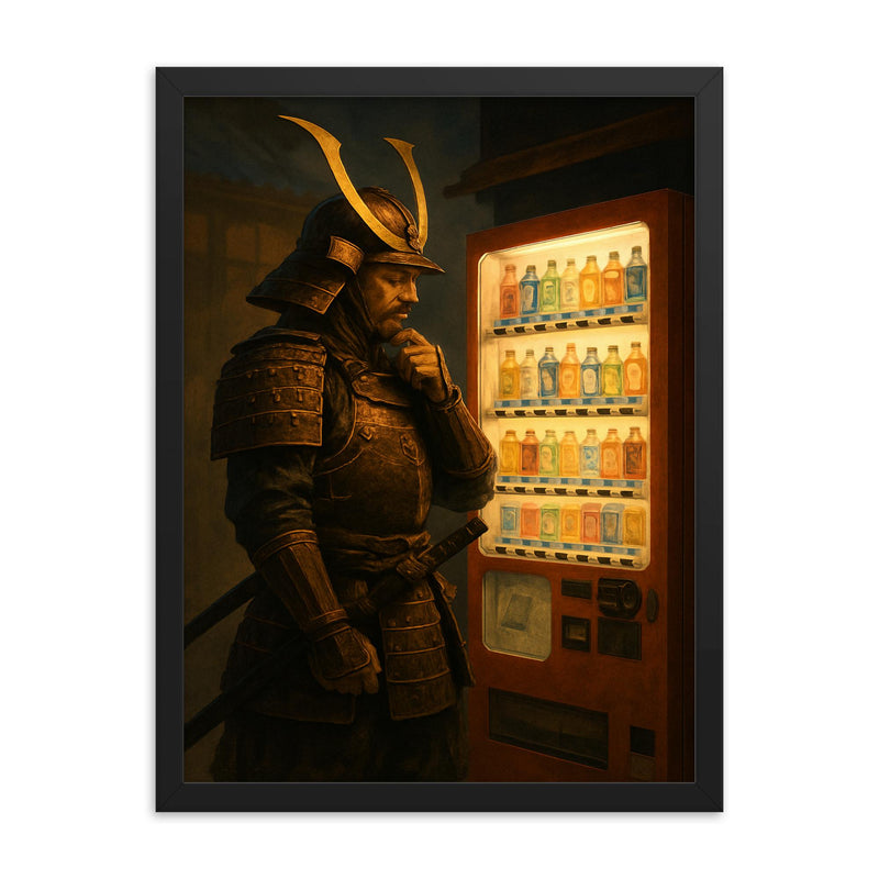 A stoic samurai in full armor contemplating a choice at a Japanese vending machine framed print on a plain backdrop in size 18