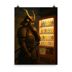 A stoic samurai in full armor contemplating a choice at a Japanese vending machine poster on a plain backdrop in size 8"x10".
