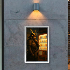 A stoic samurai in full armor contemplating a choice at a Japanese vending machine poster 2