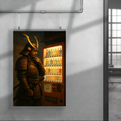 A stoic samurai in full armor contemplating a choice at a Japanese vending machine poster 4