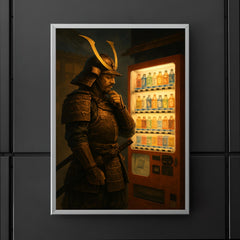 A stoic samurai in full armor contemplating a choice at a Japanese vending machine poster 5