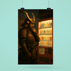 A stoic samurai in full armor contemplating a choice at a Japanese vending machine poster 6