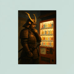 A stoic samurai in full armor contemplating a choice at a Japanese vending machine poster 8