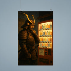 A stoic samurai in full armor contemplating a choice at a Japanese vending machine poster 9