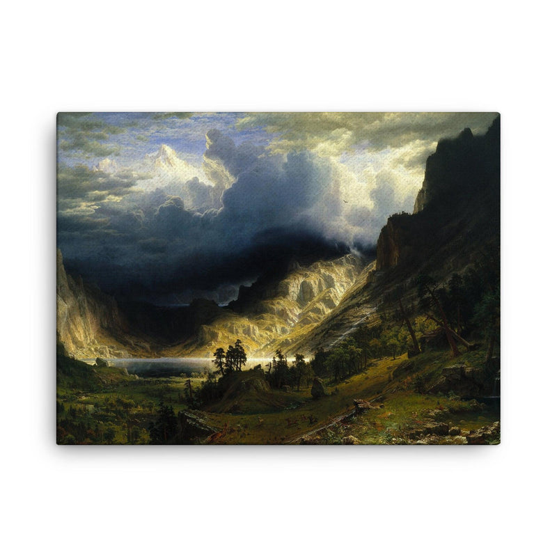 A Storm in the Rocky Mountains by Albert Bierstadt, 1866 canvas print on a plain backdrop in size 18