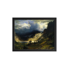 A Storm in the Rocky Mountains by Albert Bierstadt, 1866 framed print on a plain backdrop in size 12"x16".