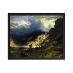 A Storm in the Rocky Mountains by Albert Bierstadt, 1866 framed print on a plain backdrop in size 16"x20".