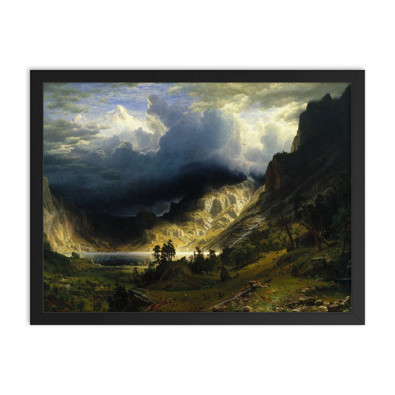 A Storm in the Rocky Mountains by Albert Bierstadt, 1866 framed print on a plain backdrop in size 18