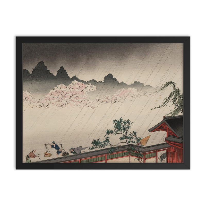 A Sudden Shower on Cherry Blossoms by Koho Shoda framed print on a plain backdrop in size 18