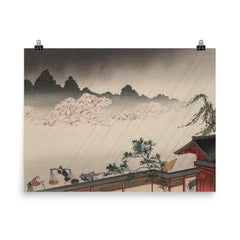 A Sudden Shower on Cherry Blossoms by Koho Shoda poster on a plain backdrop in size 8"x10".