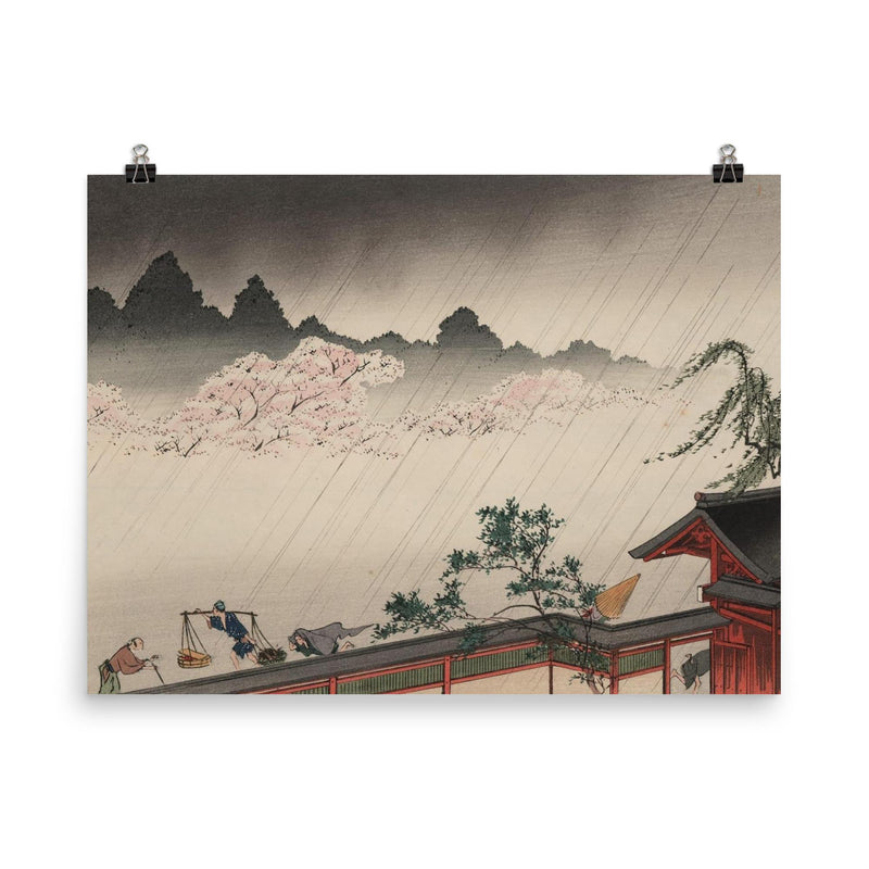 A Sudden Shower on Cherry Blossoms by Koho Shoda poster on a plain backdrop in size 8
