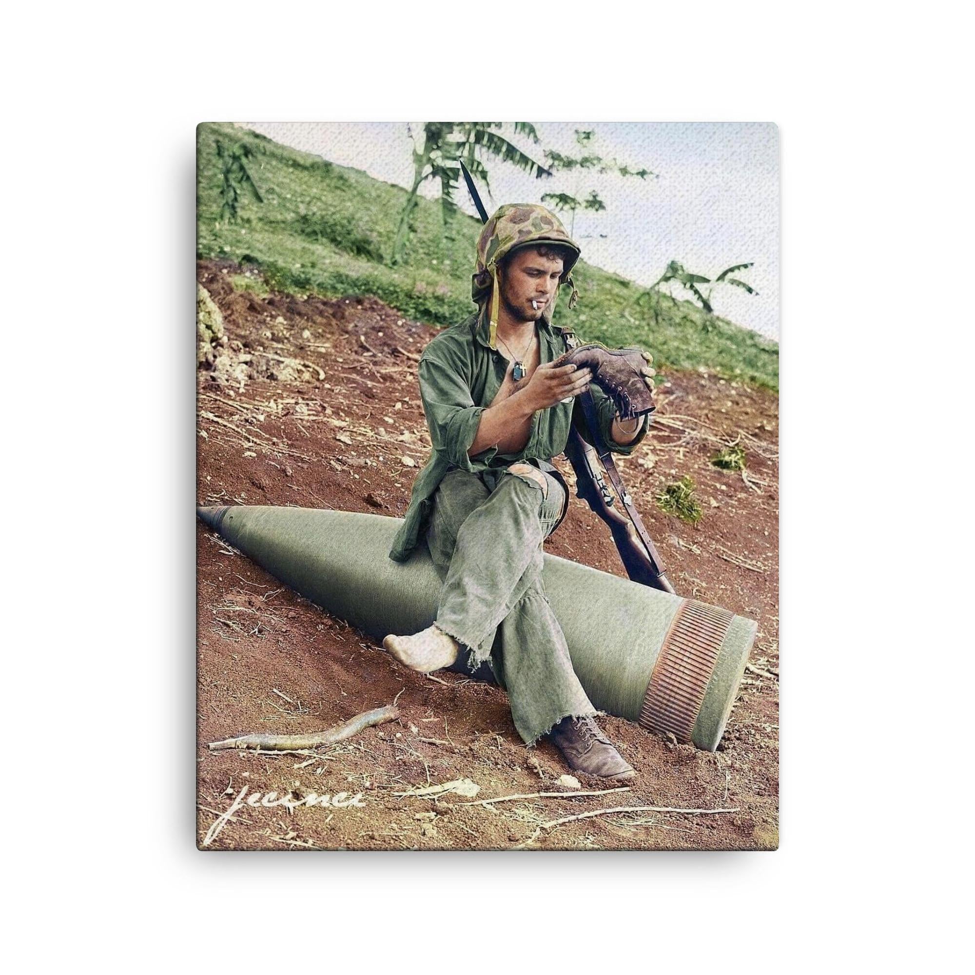 US Marine on 16-Inch Naval Shell, Saipan 1944—Historic WWII Canvas Pri ...