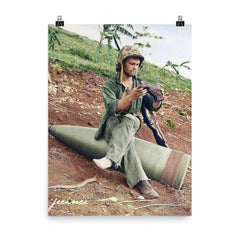 A US Marine Clearing His Boot on a 16” Naval Artillery Shell, Saipan, June 1944 poster on a plain backdrop in size 8"x10".