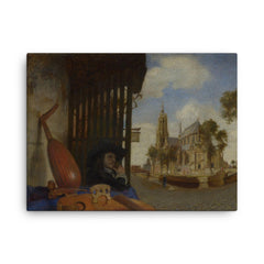 A View of Delft with a Musical Instrument Seller's Stall by Carel Fabritius canvas print on a plain backdrop in size 18"x24".