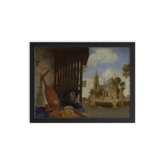 A View of Delft with a Musical Instrument Seller's Stall by Carel Fabritius framed print on a plain backdrop in size 12"x16".