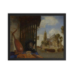 A View of Delft with a Musical Instrument Seller's Stall by Carel Fabritius framed print on a plain backdrop in size 16"x20".