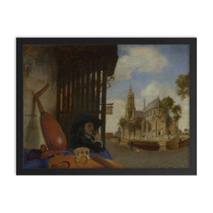 A View of Delft with a Musical Instrument Seller's Stall by Carel Fabritius framed print on a plain backdrop in size 18"x24".