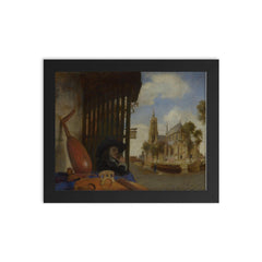 A View of Delft with a Musical Instrument Seller's Stall by Carel Fabritius framed print on a plain backdrop in size 8"x10".