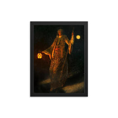 A Woman and Lantern at Night, European Orientalist portrait framed print on a plain backdrop in size 12"x16".