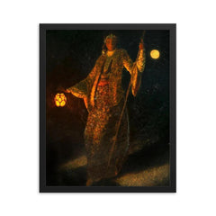A Woman and Lantern at Night, European Orientalist portrait framed print on a plain backdrop in size 16"x20".