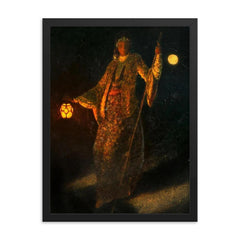 A Woman and Lantern at Night, European Orientalist portrait framed print on a plain backdrop in size 18"x24".