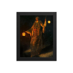A Woman and Lantern at Night, European Orientalist portrait framed print on a plain backdrop in size 8"x10".