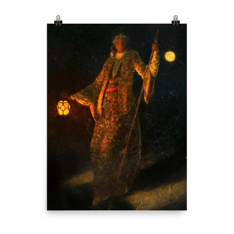 A Woman and Lantern at Night, European Orientalist portrait poster on a plain backdrop in size 8