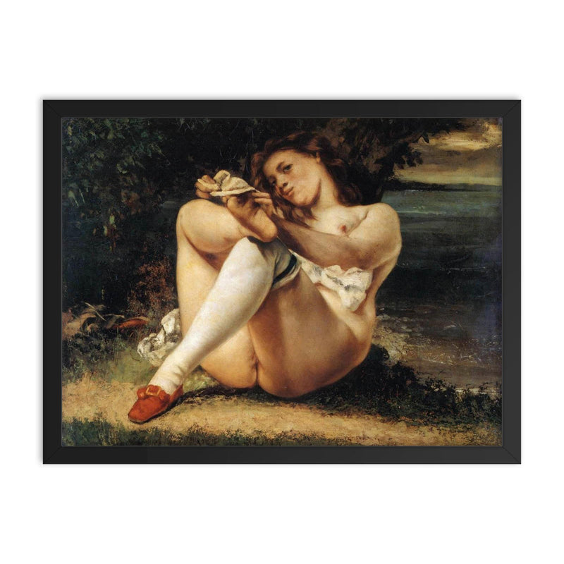 A Woman with White Stockings by Gustave Courbet framed print on a plain backdrop in size 18