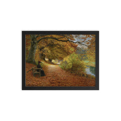 A Wooded Path in Autumn by Hans Andersen Brendekilde, 1902 framed print on a plain backdrop in size 12"x16".