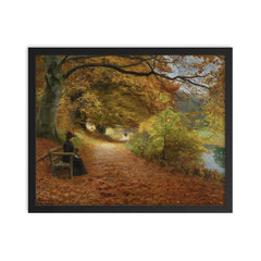 A Wooded Path in Autumn by Hans Andersen Brendekilde, 1902 framed print on a plain backdrop in size 16"x20".