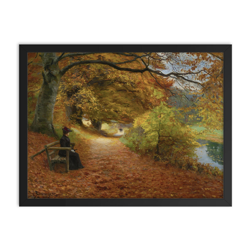 A Wooded Path in Autumn by Hans Andersen Brendekilde, 1902 framed print on a plain backdrop in size 18