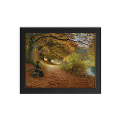 A Wooded Path in Autumn by Hans Andersen Brendekilde, 1902 framed print on a plain backdrop in size 8"x10".