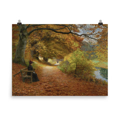 A Wooded Path in Autumn by Hans Andersen Brendekilde, 1902 poster on a plain backdrop in size 8"x10".