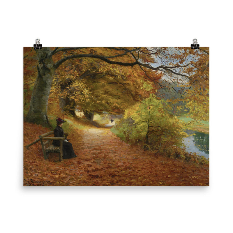 A Wooded Path in Autumn by Hans Andersen Brendekilde, 1902 poster on a plain backdrop in size 8