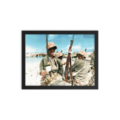 A Wounded Marine Exhibiting a Japanese Sword, Tarawa, November 1943 framed print on a plain backdrop in size 12"x16".