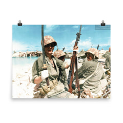 A Wounded Marine Exhibiting a Japanese Sword, Tarawa, November 1943 poster on a plain backdrop in size 8"x10".