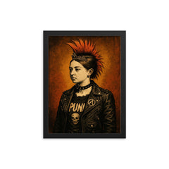 A young Queen Victoria depicted as a punk rocker with a mohawk and leather jacket framed print on a plain backdrop in size 12"x16".