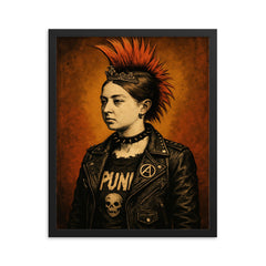 A young Queen Victoria depicted as a punk rocker with a mohawk and leather jacket framed print on a plain backdrop in size 16"x20".