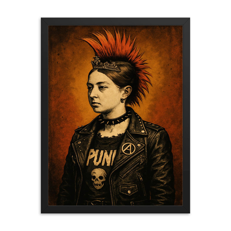 A young Queen Victoria depicted as a punk rocker with a mohawk and leather jacket framed print on a plain backdrop in size 18