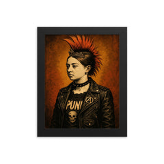 A young Queen Victoria depicted as a punk rocker with a mohawk and leather jacket framed print on a plain backdrop in size 8"x10".