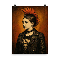 A young Queen Victoria depicted as a punk rocker with a mohawk and leather jacket poster on a plain backdrop in size 8"x10".