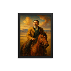 Abai Qunanbaiuly on the Kazakh steppe framed print on a plain backdrop in size 12"x16".