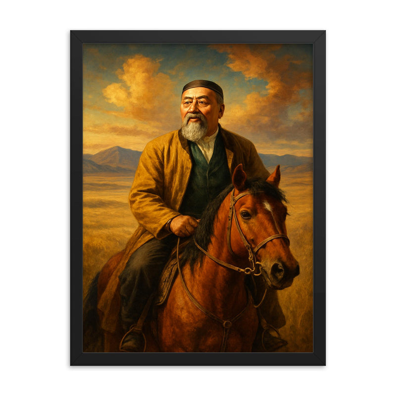 Abai Qunanbaiuly on the Kazakh steppe framed print on a plain backdrop in size 18