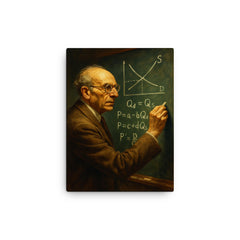 Abba Lerner chalking market equations canvas print on a plain backdrop in size 12"x16".