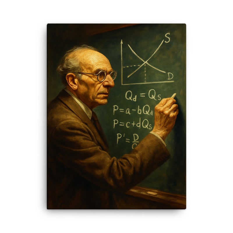 Abba Lerner chalking market equations canvas print on a plain backdrop in size 18